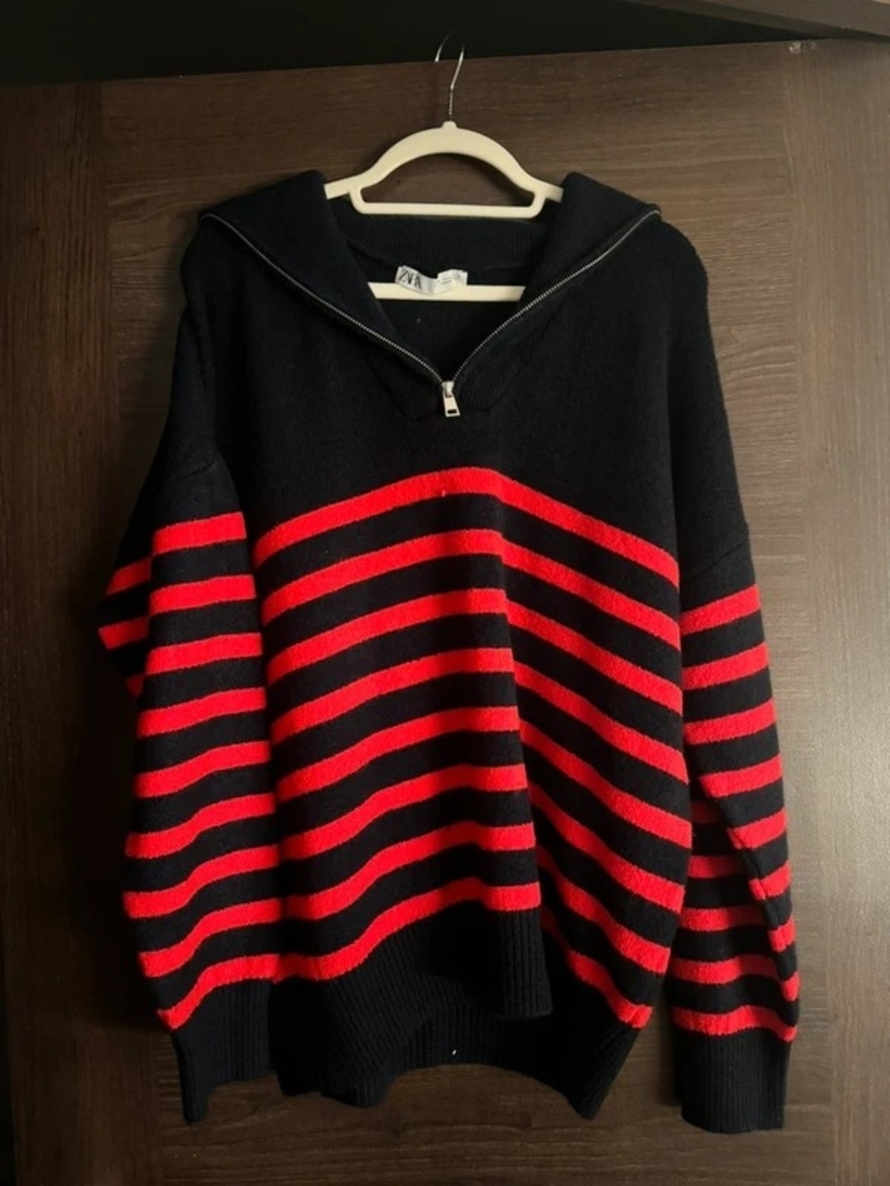 Zara Black and Red Striped Half-Zip Hoodie Sweater
